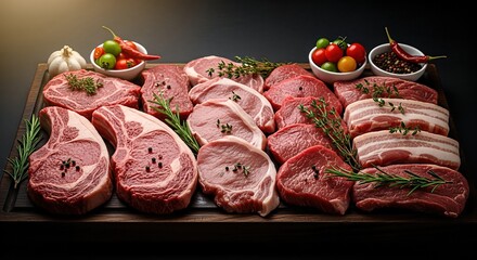 Fresh cuts of premium meat arranged on a wooden platter with herbs, spices, and colorful vegetables, showcasing culinary preparation and gourmet presentation