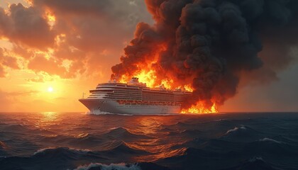 Huge cruise ship catches fire at sea, engulfed in massive flames, thick dark smoke. Dramatic maritime disaster unfolds on ocean. Sky glows orange red from sunset sunrise, reflecting on wavy water.