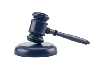 A dark wooden gavel rests on its matching base against a stark black background symbolizing justice and legal proceedings