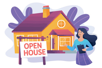 A woman stands next to an 'Open House' sign in front of a cheerful home.