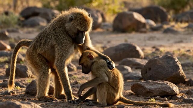 A baboon mother grooming with its baby in the african highlands