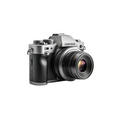 A digital camera with a silver and black body and attached lens