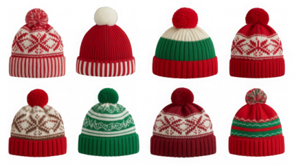PNG Colorful knitted winter hats collection, element set on transparent background
