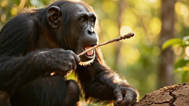 A chimpanzee using a stick tool to extract termites from a mound, demonstrating intelligence