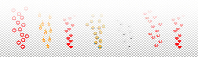 Like icons flying up for live streams. Emoticons. Social media reactions Smile fire poop Funny faces Emoji. Vector