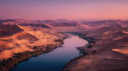 Fototapeta premium Stunning aerial view of river winding through desert dunes at sunset, beautiful landscape with water and purple sky.