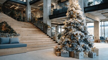Modern lobby with decorated christmas tree and wrapped gifts in contemporary office