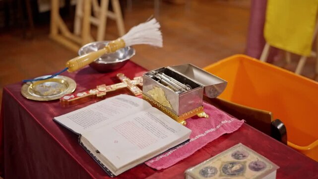 sacred altar with liturgical objects, religious altar adorned with sacred instruments and cross