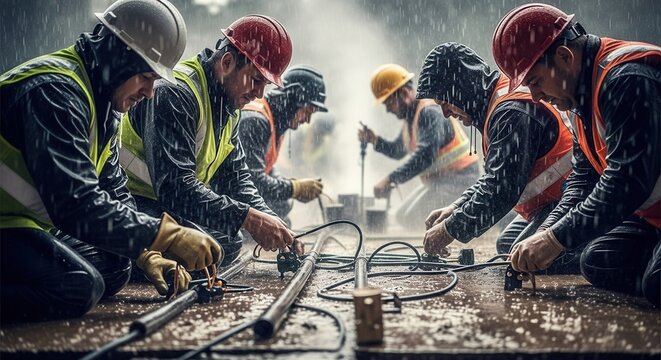 A team of focused construction workers in safety gear diligently working on a project during a heavy rainstorm. This image represents perseverance, teamwork, and hard labor in adverse conditions.