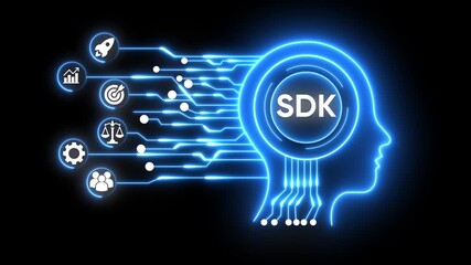 Neon AI Head with SDK Text and Data Icons artificial intelligence - Powered by Adobe