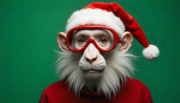 A whimsical white monkey wearing a Santa Claus hat and oversized red glasses, set against a solid green background. Retro pop art style, colorful and playful, with strong visual contrast and bold, 3d