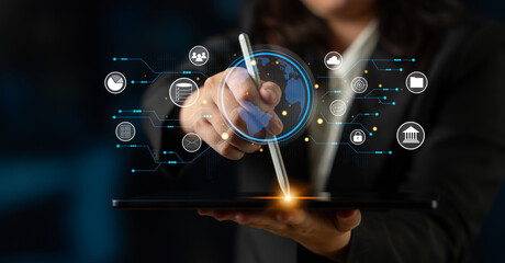 A global business network and digital infrastructure concept. A worldwide connection of services including data, finance, and secure communication. Motif
