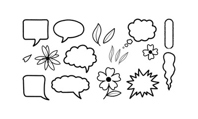 Hand drawn doodle speech bubbles flowers and leaves elements