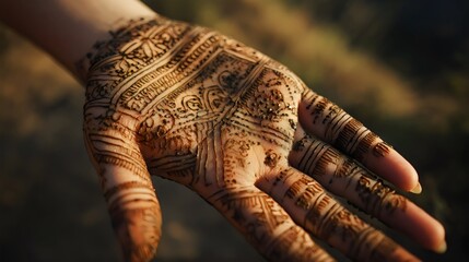 Intricate henna designs on a woman's hand, showcasing cultural artistry and elegance.