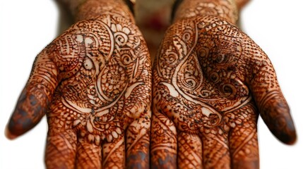 Elegant henna designs on a woman's hands, showcasing intricate patterns and cultural art.