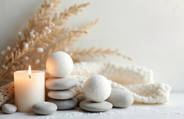 Calm spa scene with burning candle, bath bombs, smooth stones, and dried reeds. Relaxing self care composition with soft textures and natural elements.