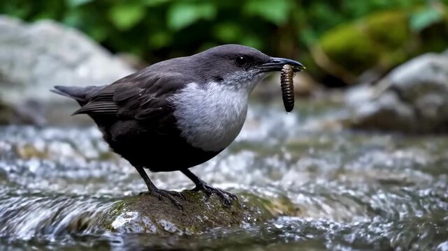 White-throated Dipper Bird Foraging for Food in a Rushing Mountain Stream.