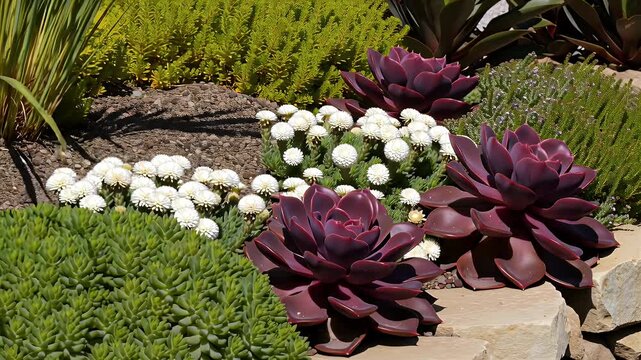 Vibrant Burgundy Aeonium Rosettes Surrounded by White Flowering Ground Cover in a Stone-Edged Rock Garden Border