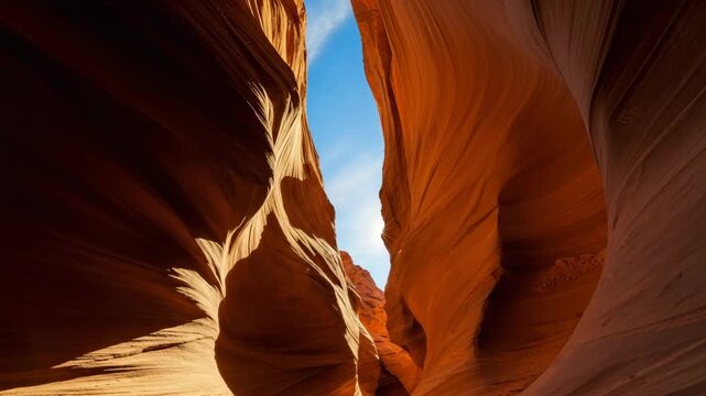 Sunburst through narrow sandstone canyon walls with swirling patterns and bright blue sky