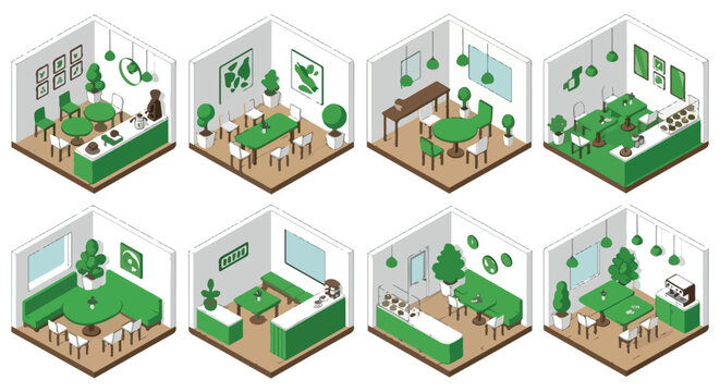 Isometric cafe interior layouts with furniture and plants