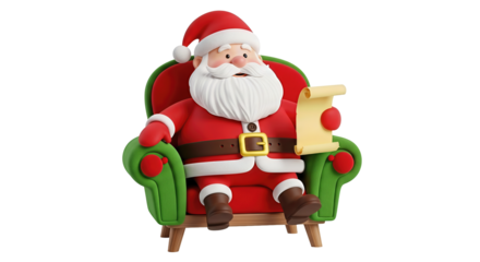 Cartoon santa claus sitting in a green and red armchair holding a scroll