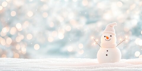 Cute smiling snowman standing outdoors under snowfall. Christmas card and banner concept.