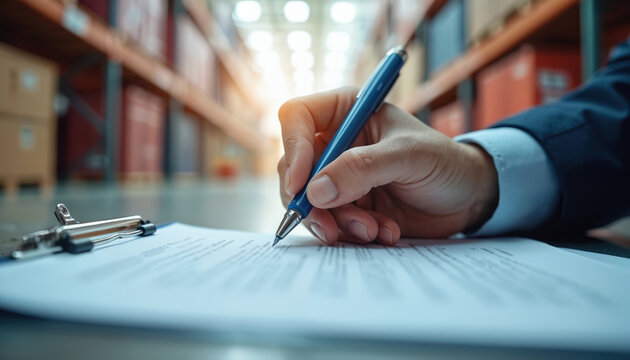 Close-up of person signing contract in warehouse. Hand holding pen over document. Rows of shelves with boxes create background. Business logistics, import export, and supply chain management.