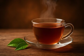 “Steaming Hot Black Tea in Glass Cup on Wooden Table – Warm Minimalist Beverage Concept”
