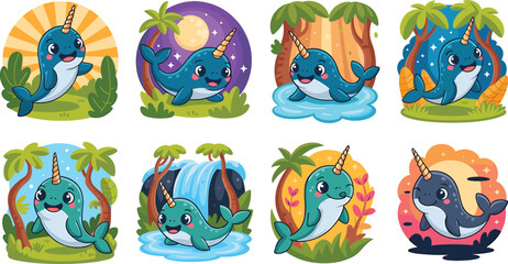 Fototapeta premium Whimsical cartoon narwhals with horns in diverse natural and fantastical settings Keywords: narwhal, unicorn whale, cartoon, cute, character, funny, illustration, drawing, graphic, design, vector