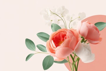 Feminine branding layout featuring peach and white flowers with green leaves on a soft background, ideal for elegant design projects and marketing materials with copy space