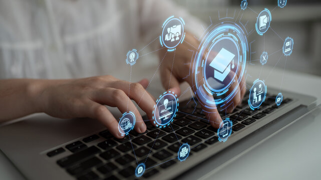 Online education icons show e-learning, online education classes, and digital study. Online education enables global online education access, flexible learning. Entice