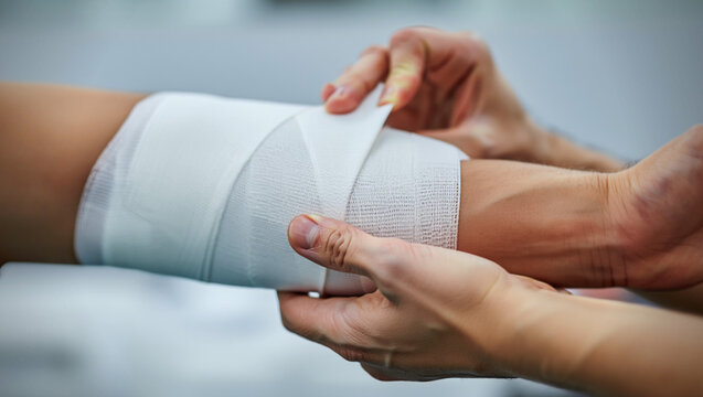 Close-up of a healthcare professional bandaging an injured arm, showcasing medical care and first aid - Powered by Adobe