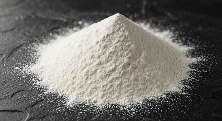 Close up white flour pile on dark gray background. Heap wheat flour or starch on black table. Baking concept. Ingredient for bakery.