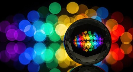 Crystal Ball Reflecting Colorful Bokeh Lights on Dark Background Abstract Optical Illusion with Vibrant Circles in Reflection