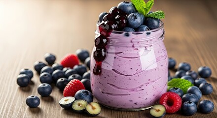 Delicious Blueberry Smoothie Jar Fresh Berries Mint Healthy Yogurt Dessert Sweet Treat Fruit Snack Wood Table Background Vibrant Food Photography Summer Refreshment