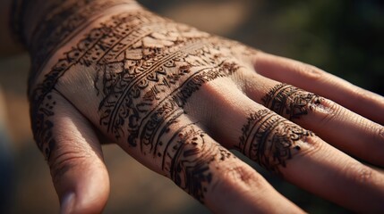 A close-up of an intricately designed henna tattoo on a woman's hand, showcasing vibrant patterns against a soft outdoor backdrop.