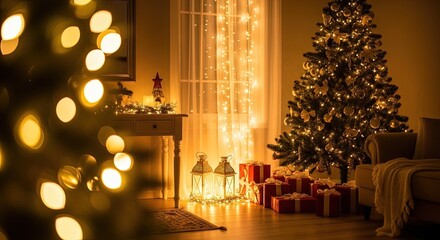 Warm living room with festive Christmas tree and gifts, illuminated by string lights, lanterns, and soft interior lighting creating a cozy holiday scene
