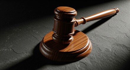 Wooden Gavel Judge Mallet Stone Table Surface Dark Background Bright Highlight Justice Law Concept Judicial Authority Legal Ruling Courtroom Symbol Decision Right