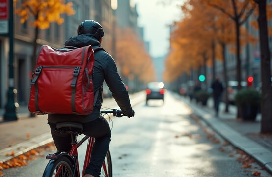 Cyclist delivers food on bicycle in urban street. Man wears helmet, jacket carrying insulated bag. Autumn leaves cover pavement, creating warm atmosphere. City transportation focuses on eco-friendly