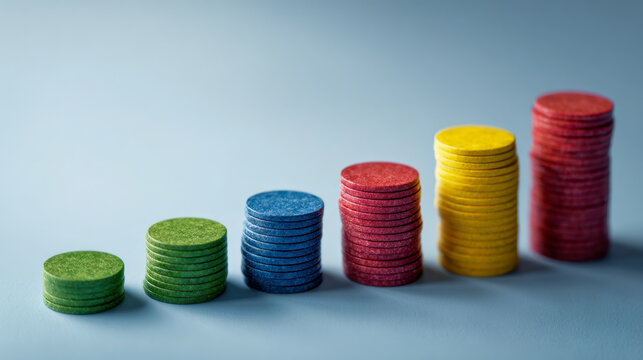 Stacks of colorful round tokens arranged in ascending order on a pastel blue surface symbolizing growth and progression concepts in finance or gaming