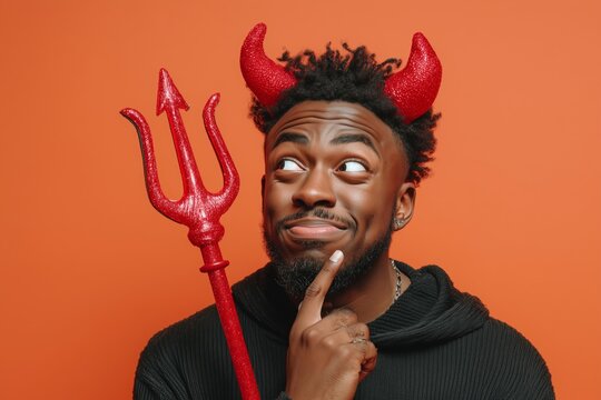 Playful man in devil costume holding trident on orange background