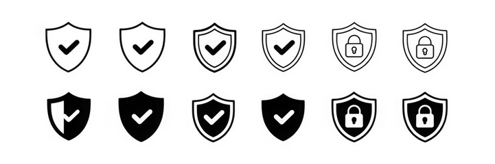 Security shield icon set. Shield check mark symbols. Protection and padlock logotypes. Vector illustration.
