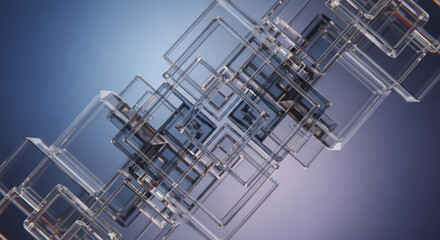 Abstract 3D rendering of overlapping transparent glass squares and rectangles on a blue gradient background.