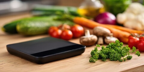 Fresh vegetables and herbs prepared for cooking on a wooden kitchen counter with a scale nearby