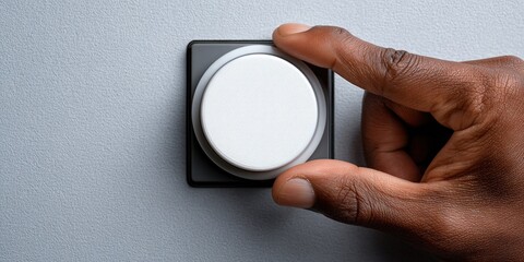 Hand adjusting a round control dial on a smooth gray surface in a modern setting