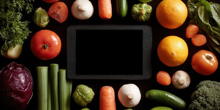 Fresh vegetables and fruits arranged around a tablet on a dark surface, perfect for healthy cooking ideas and recipes