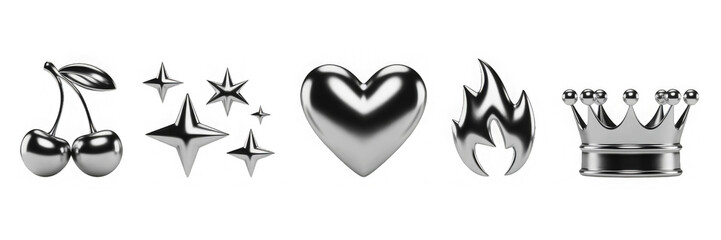 3d set of liquid chrome y2k shape render icon. Silver metal crown, cherry, heart, flame and stars in retro futuristic aesthetic style. Abstract design elements of aluminum or platinum
