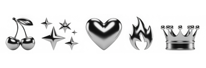 3d set of liquid chrome y2k shape render icon. Silver metal crown, cherry, heart, flame and stars in retro futuristic aesthetic style. Abstract design elements of aluminum or platinum
