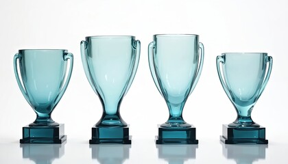 Four cyan glass trophies with square bases displayed against a white background. These awards vary in height suggesting different levels of achievement in competition or recognition.