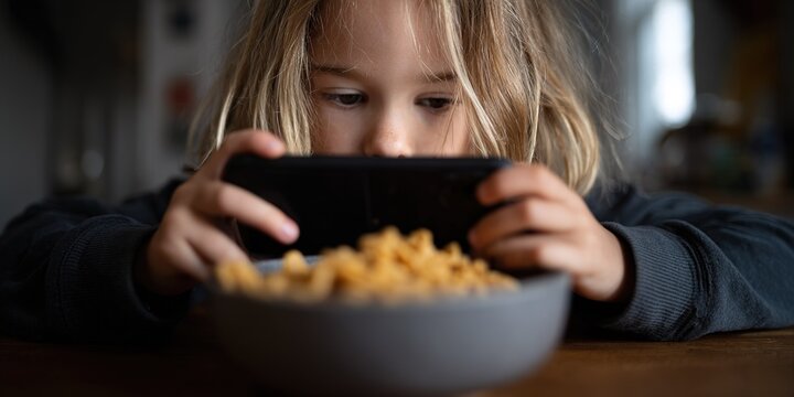 Child focused on smartphone while eating breakfast cereal in cozy kitchen setting during morning hours